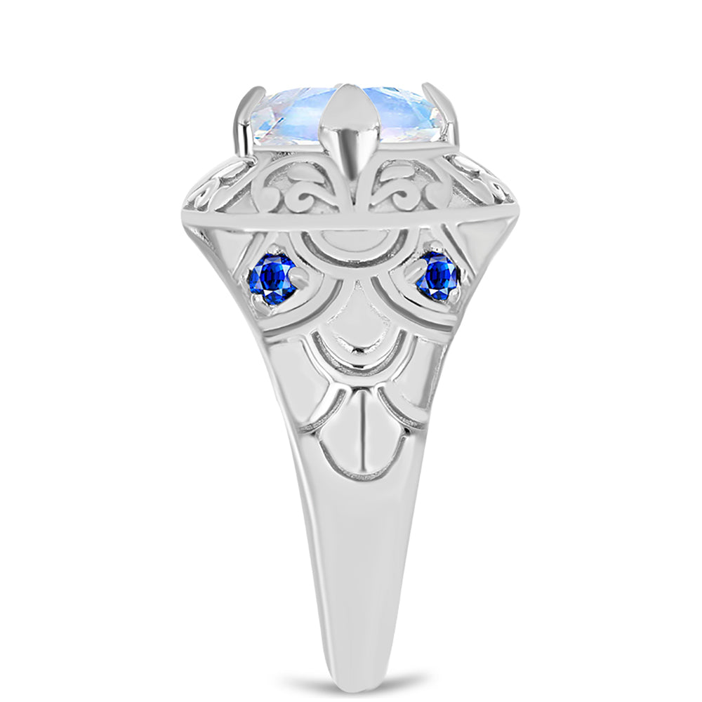 Anillo de Plata con Zafiro Azul Australiano y Piedra Lunar Arco Iris 4 