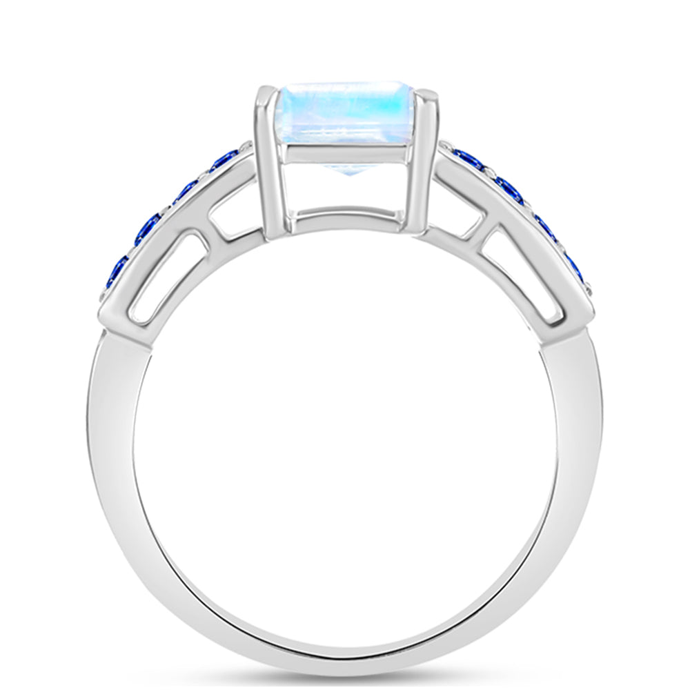 Anillo de Plata con Zafiro Azul Australiano y Piedra Lunar Arco Iris