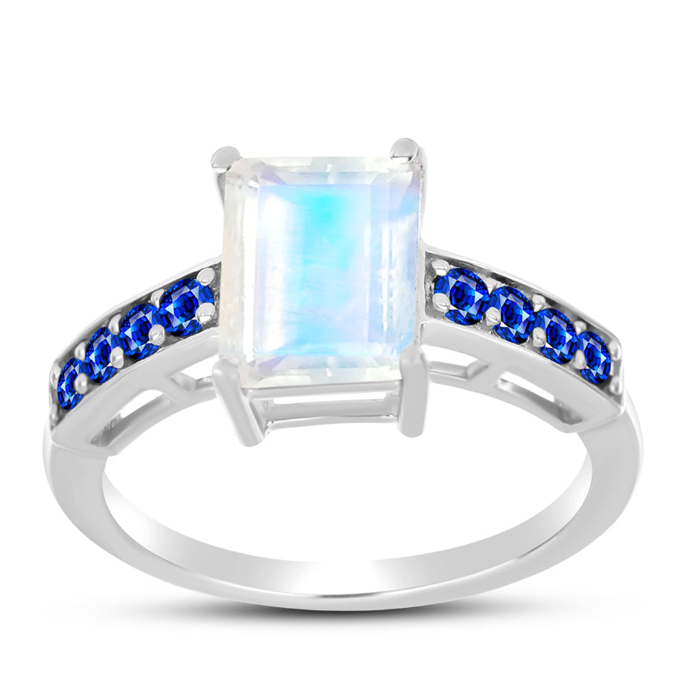 Anillo de Plata con Zafiro Azul Australiano y Piedra Lunar Arco Iris 3 