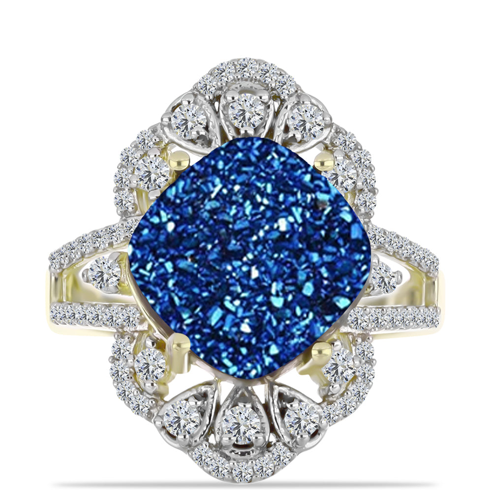 Anillo de Plata Bañada en Oro con Drusa Azul y Topacio Blanco
