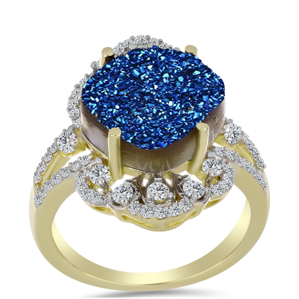 Anillo de Plata Bañada en Oro con Drusa Azul y Topacio Blanco