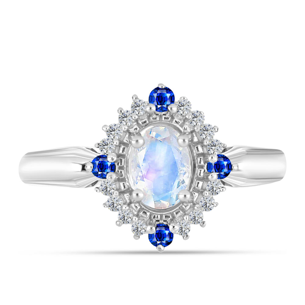 Anillo de Plata con Zafiro Azul Australiano y Piedra Lunar Arco Iris