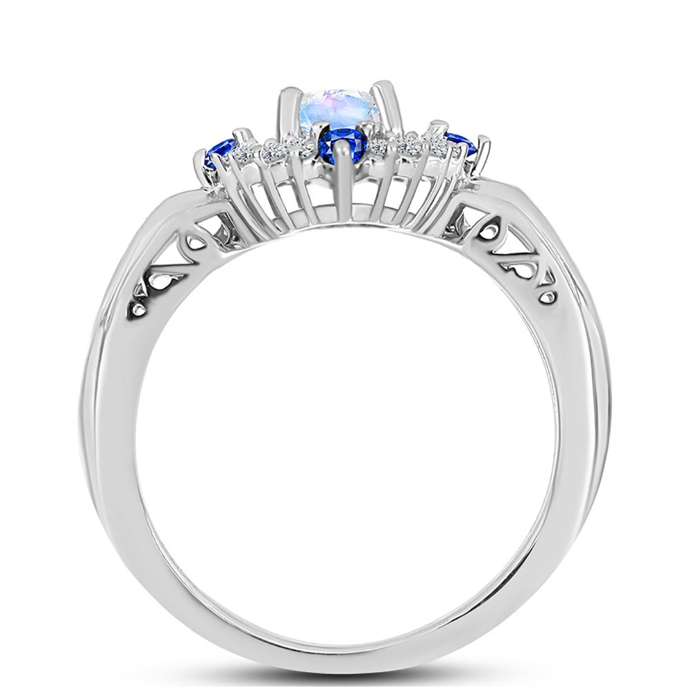 Anillo de Plata con Zafiro Azul Australiano y Piedra Lunar Arco Iris