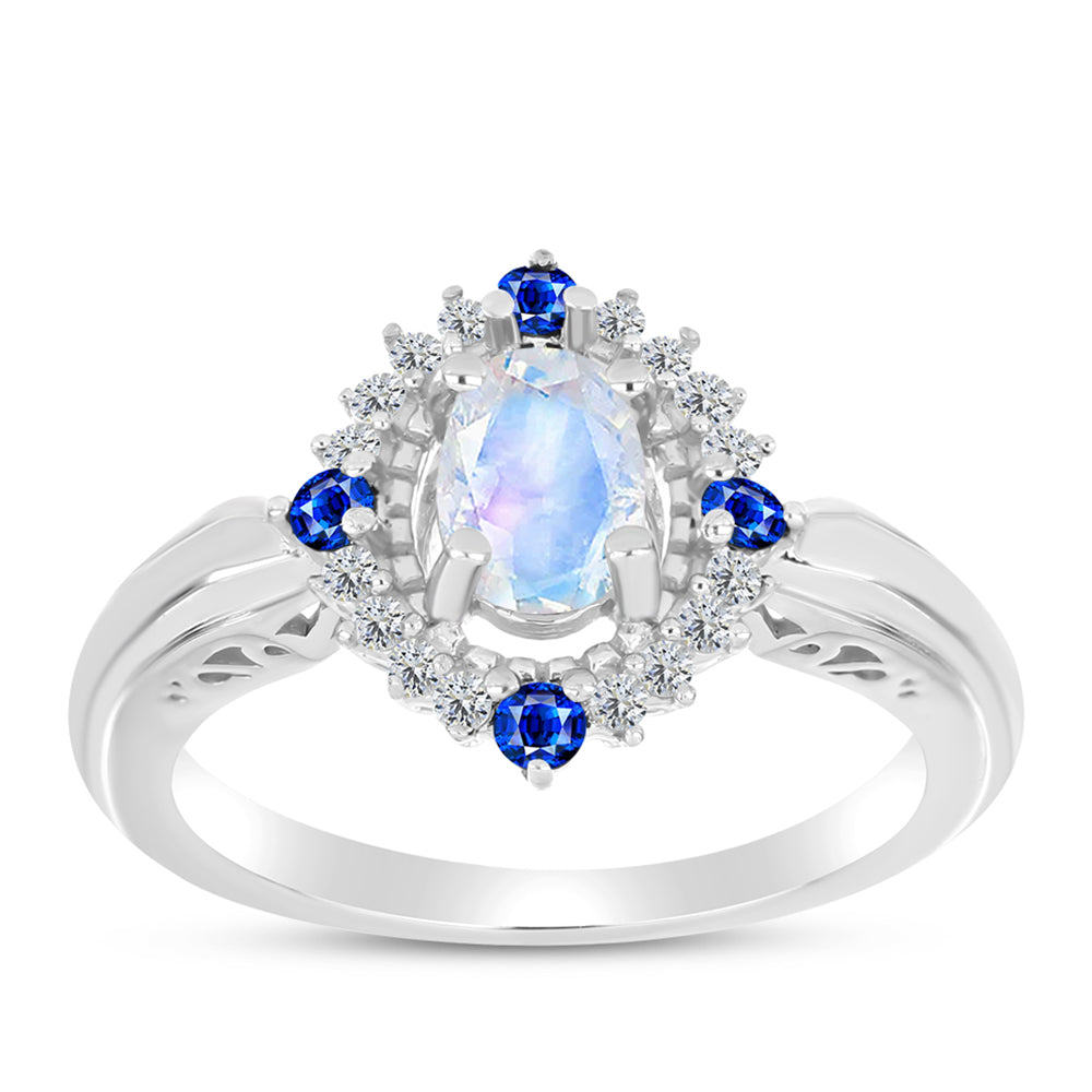 Anillo de Plata con Zafiro Azul Australiano y Piedra Lunar Arco Iris 3 