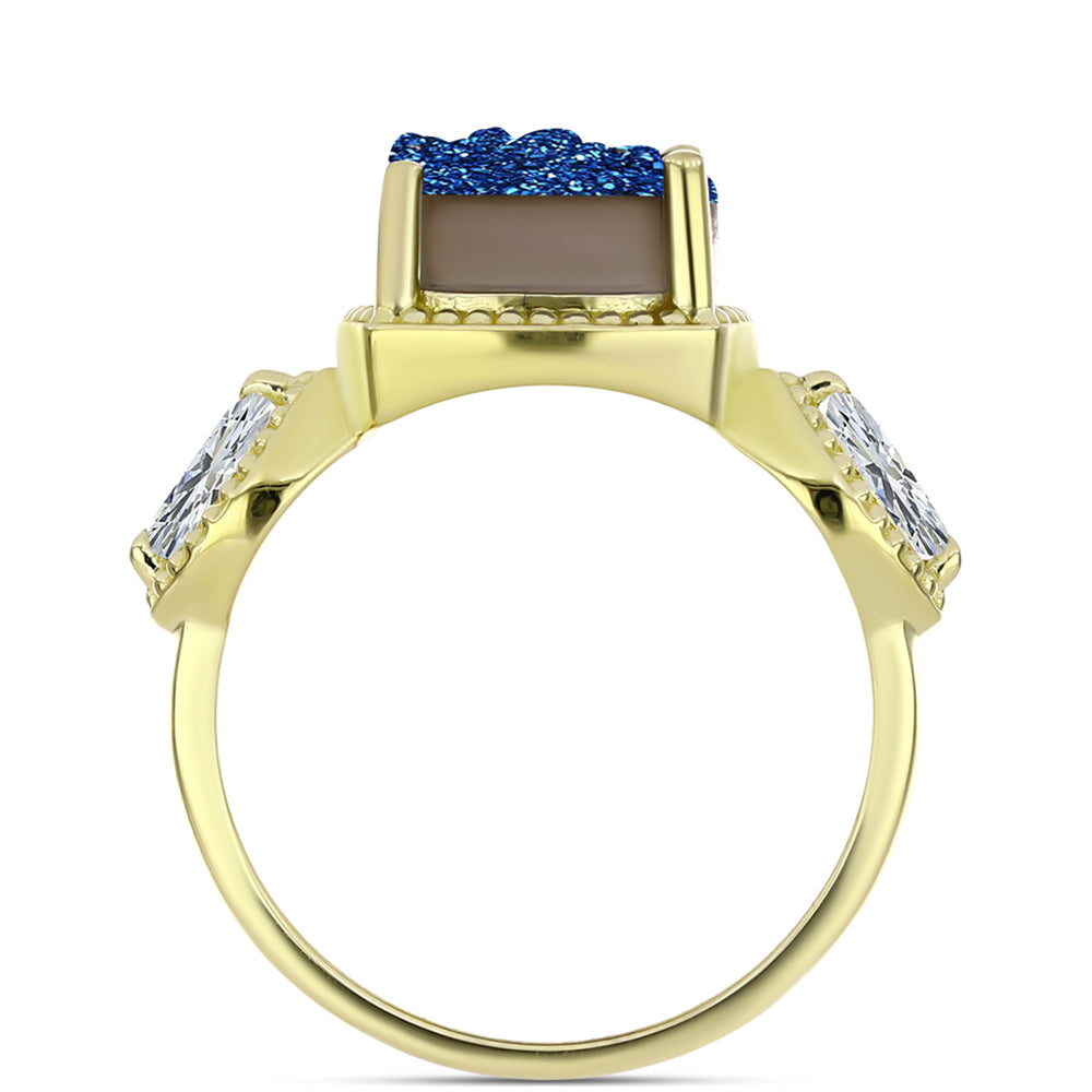 Anillo de Plata Bañada en Oro con Drusa Azul y Topacio Blanco 2 
