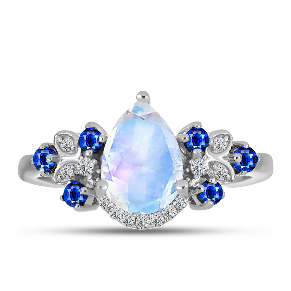 Anillo de Plata con Zafiro Azul Australiano y Piedra Lunar Arco Iris 1 