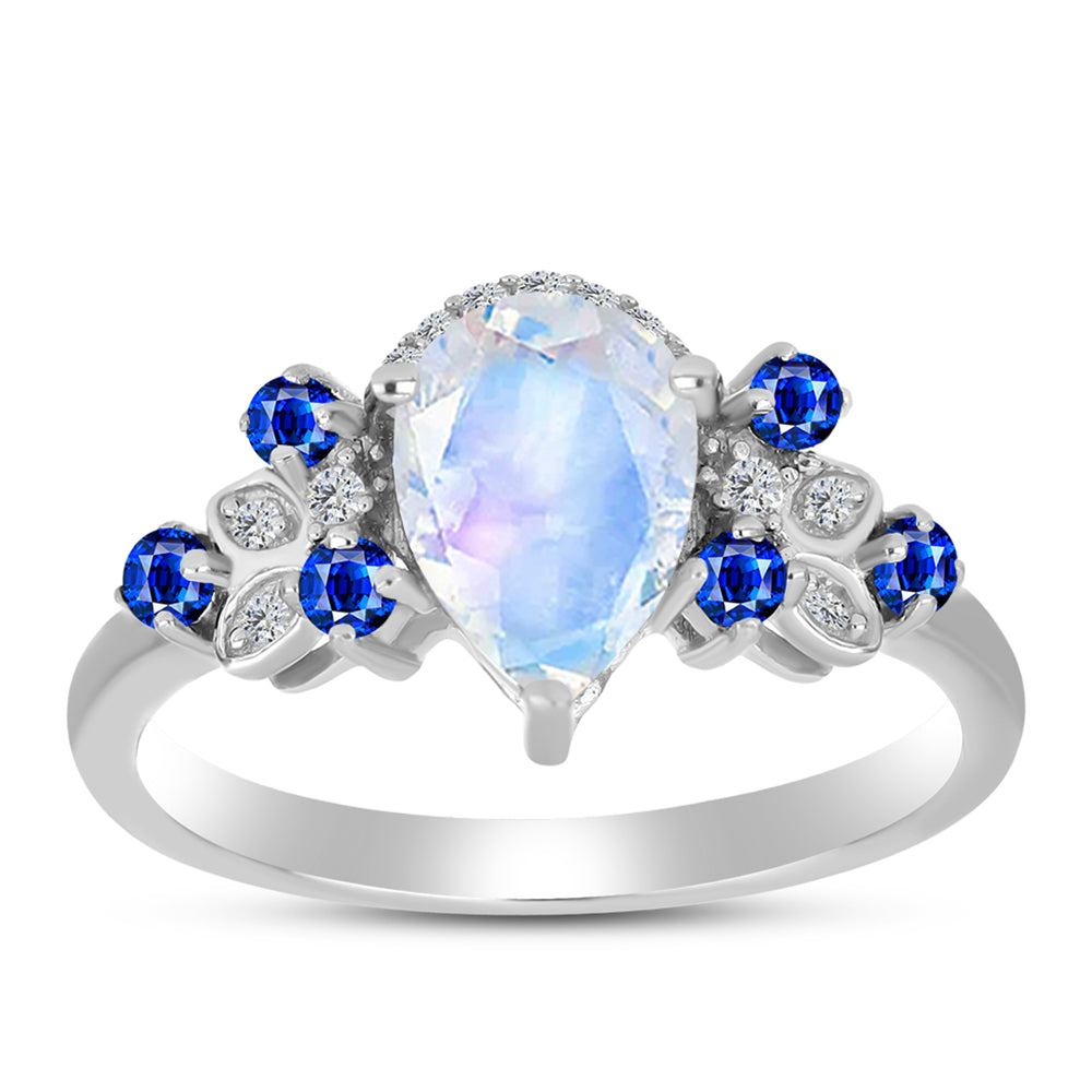 Anillo de Plata con Zafiro Azul Australiano y Piedra Lunar Arco Iris