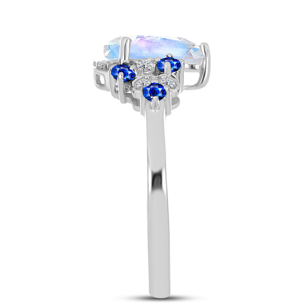 Anillo de Plata con Zafiro Azul Australiano y Piedra Lunar Arco Iris