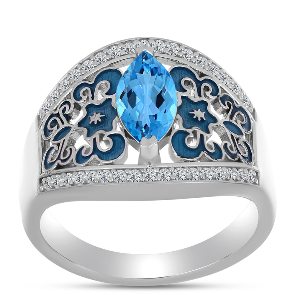 Anillo de Plata con Topacio Azul Suizo y Topacio Blanco