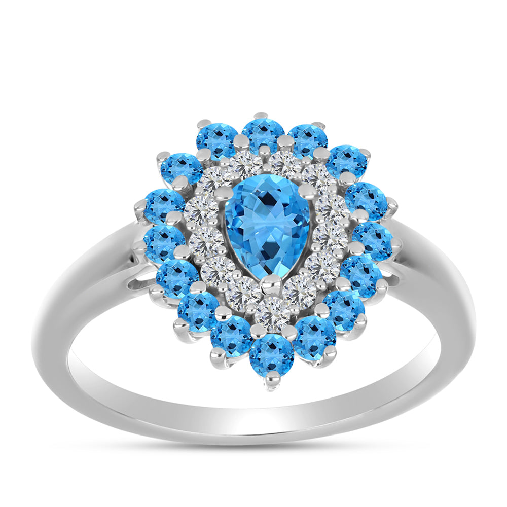 Anillo de Plata con Topacio Azul Suizo y Topacio Blanco 3 