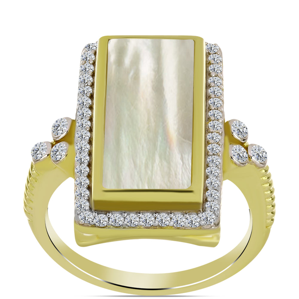 Anillo de Plata Bañada en Oro con Madreperla y Topacio Blanco 3 