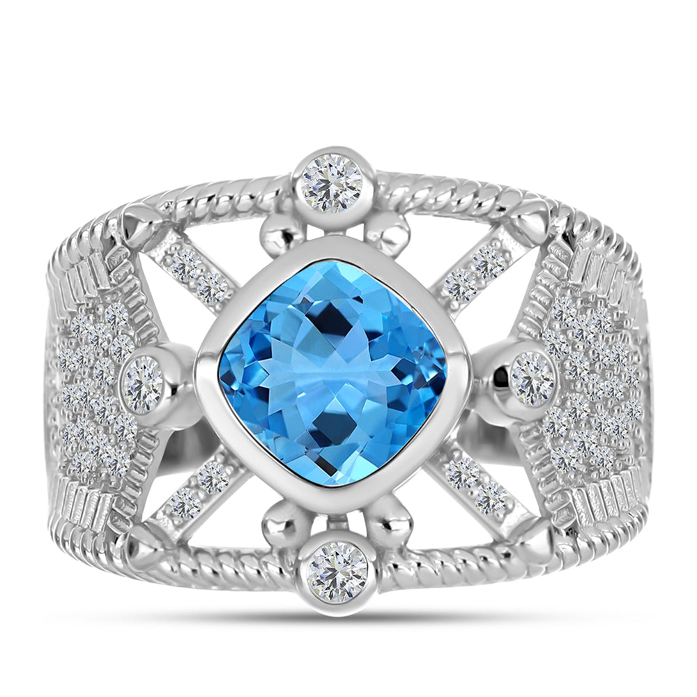Anillo de Plata con Topacio Azul Suizo y Topacio Blanco 1 