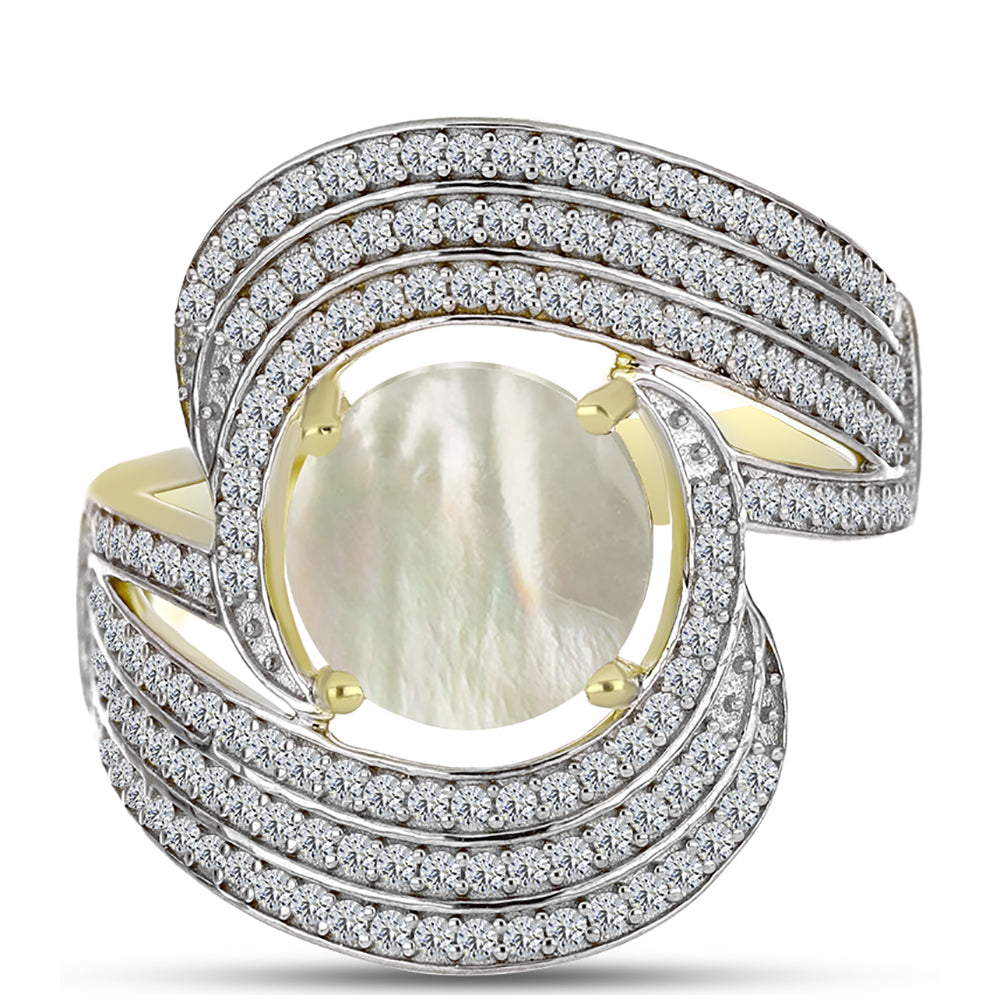 Anillo de Plata Bañada en Oro con Madreperla y Topacio Blanco