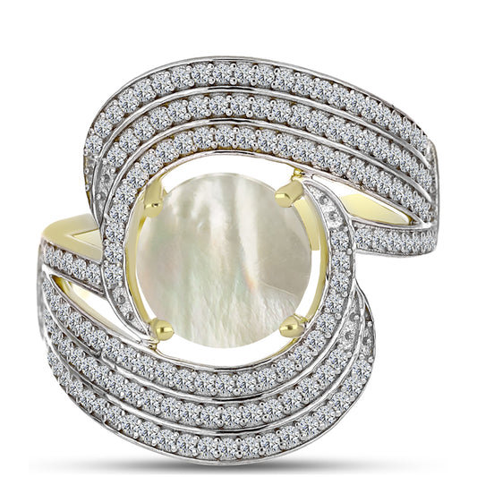 Anillo de Plata Bañada en Oro con Madreperla y Topacio Blanco