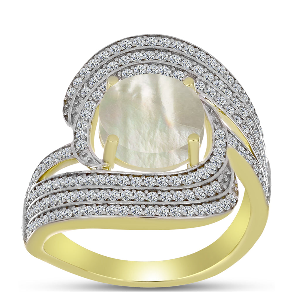 Anillo de Plata Bañada en Oro con Madreperla y Topacio Blanco