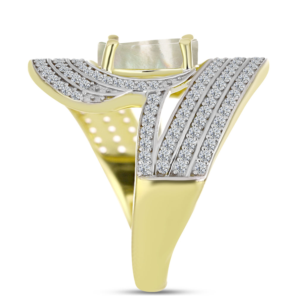 Anillo de Plata Bañada en Oro con Madreperla y Topacio Blanco 4 