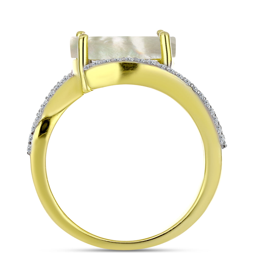 Anillo de Plata Bañada en Oro con Madreperla y Topacio Blanco 2 