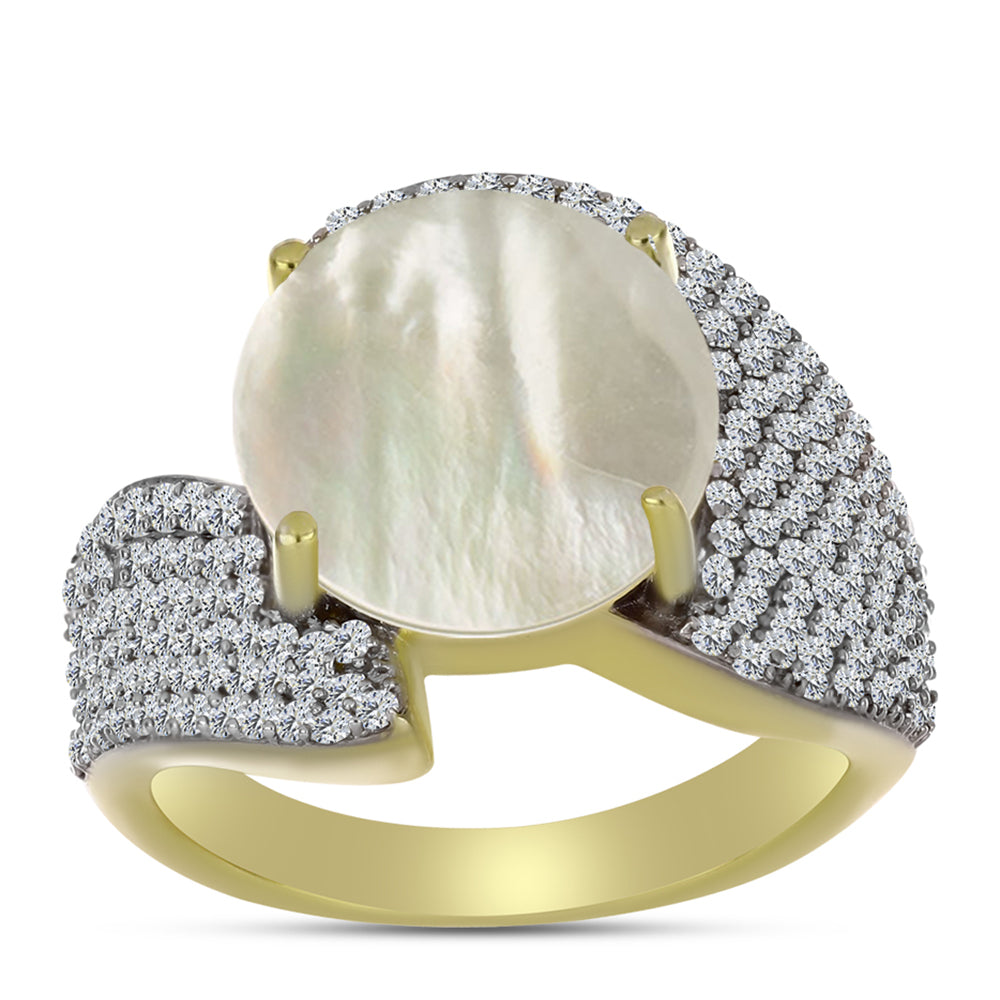 Anillo de Plata Bañada en Oro con Madreperla y Topacio Blanco 3 