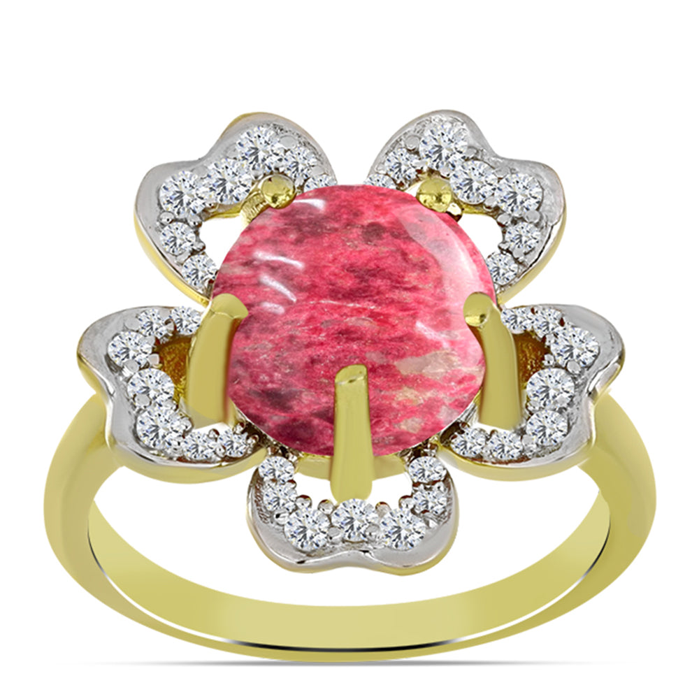 Anillo de Plata Bañada en Oro con Thulita y Topacio Blanco
