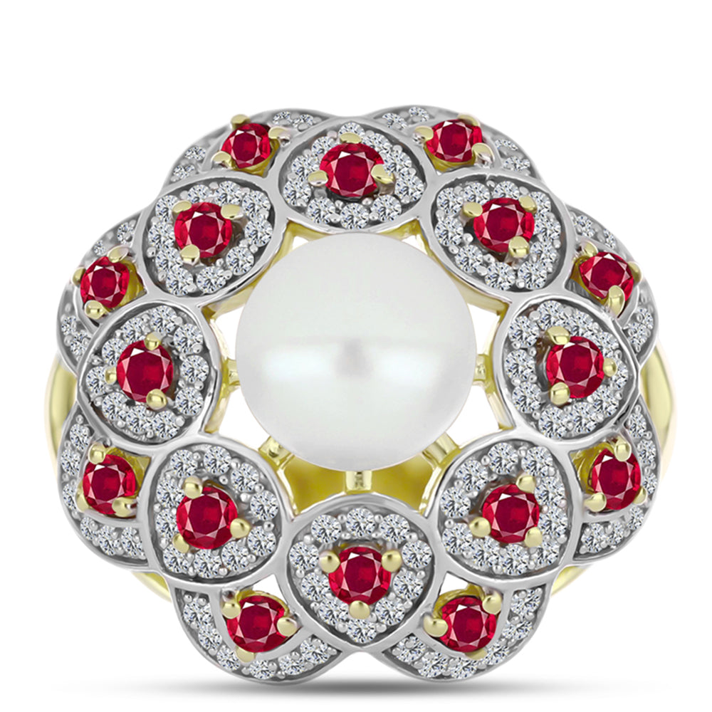 Anillo de Plata Bañada en Oro con Rubí de Madagascar y Perla de Agua Dulce