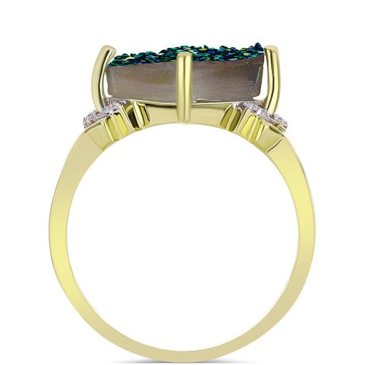 Anillo de Plata Bañada en Oro con Drusa Verde y Topacio Blanco