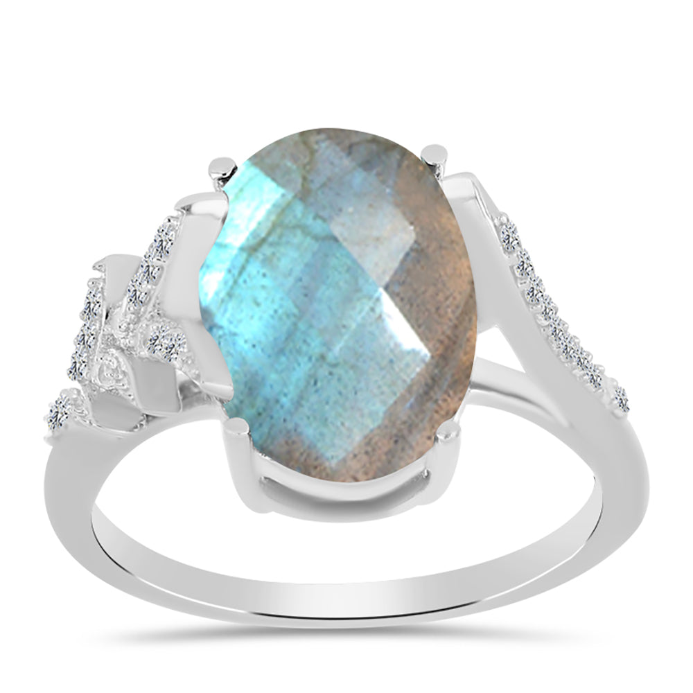 Anillo de Plata con Labradorita de las Minas de Gullgruvene y Topacio Blanco
