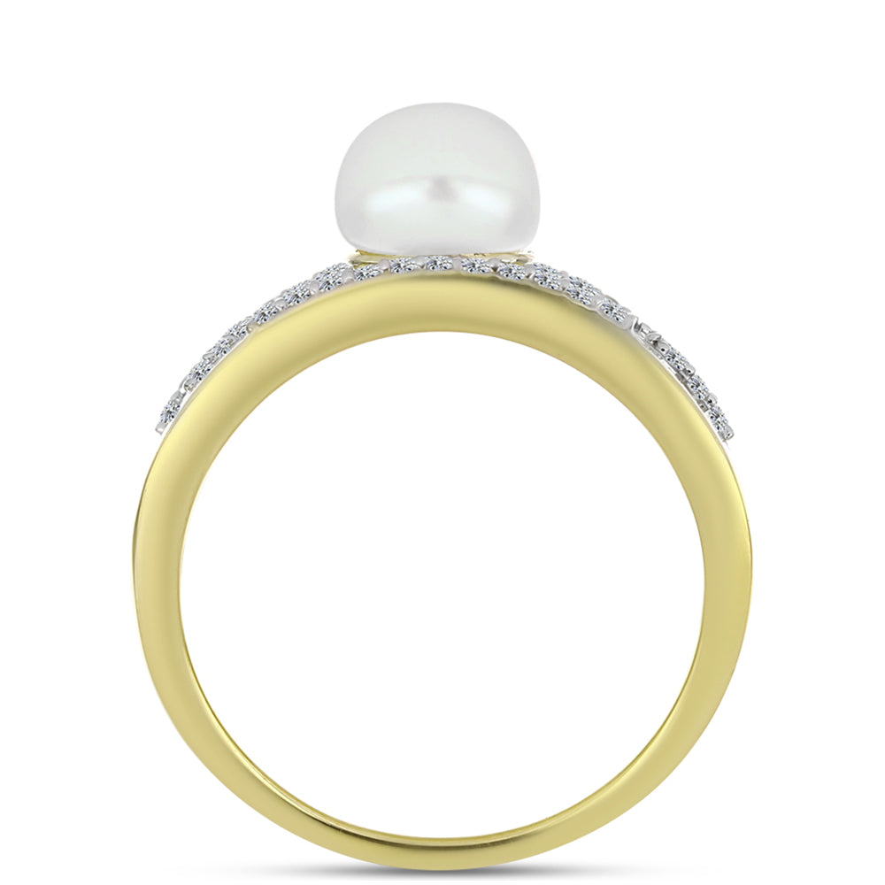 Anillo de Plata Bañada en Oro con Perla de Agua Dulce y Topacio Blanco
