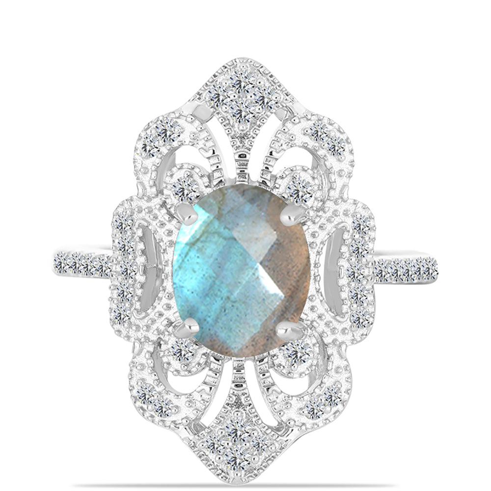 Anillo de Plata con Labradorita de las Minas de Gullgruvene y Topacio Blanco 1 