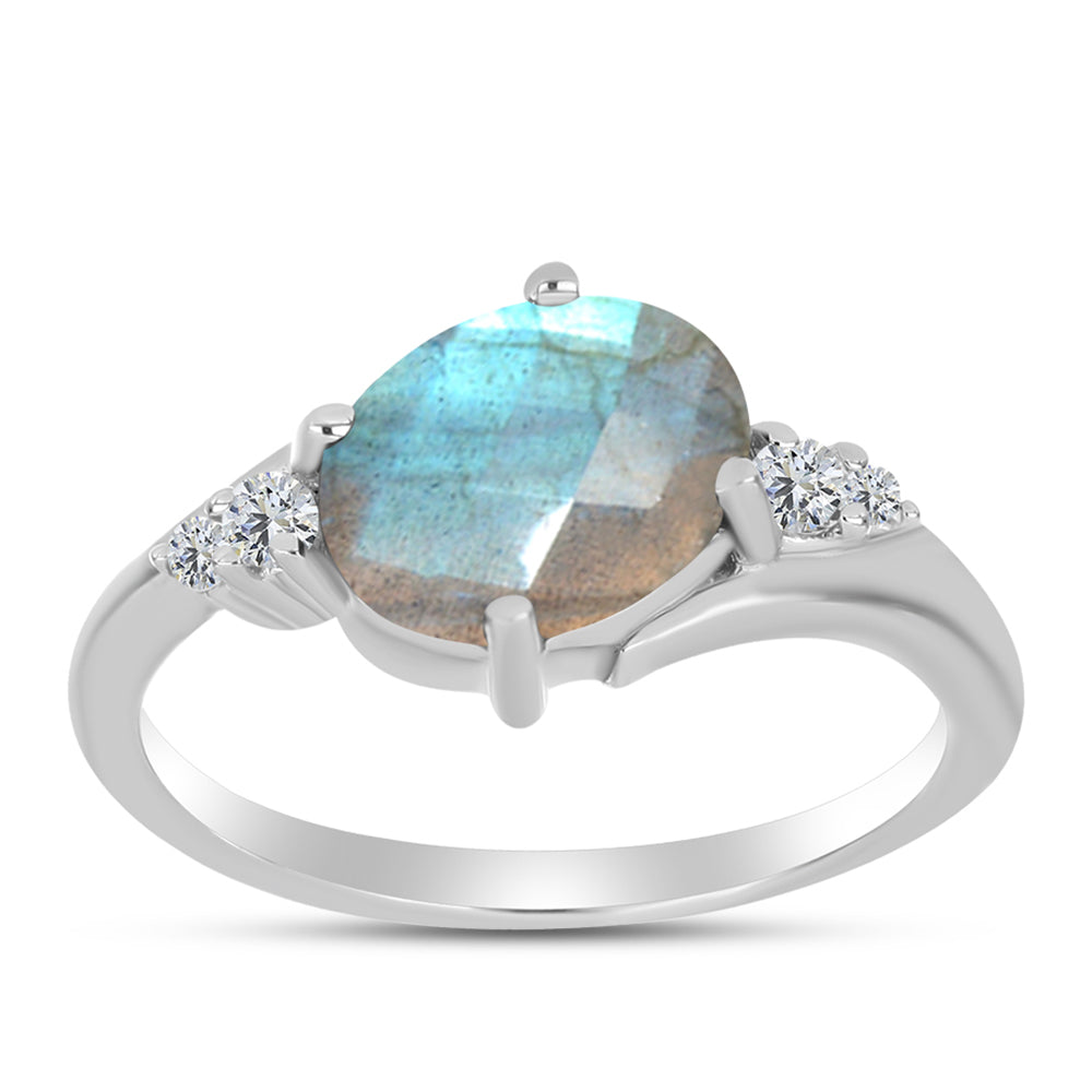 Anillo de Plata con Labradorita de las Minas de Gullgruvene y Topacio Blanco