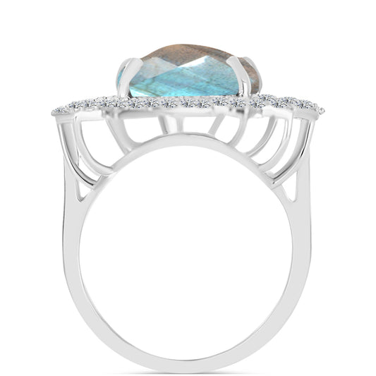 Anillo de Plata con Labradorita de las Minas de Gullgruvene y Topacio Blanco