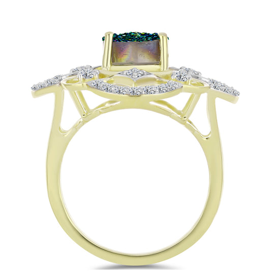 Anillo de Plata Bañada en Oro con Drusa Verde y Topacio Blanco