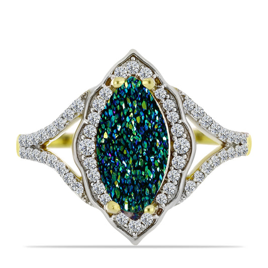 Anillo de Plata Bañada en Oro con Drusa Verde y Topacio Blanco