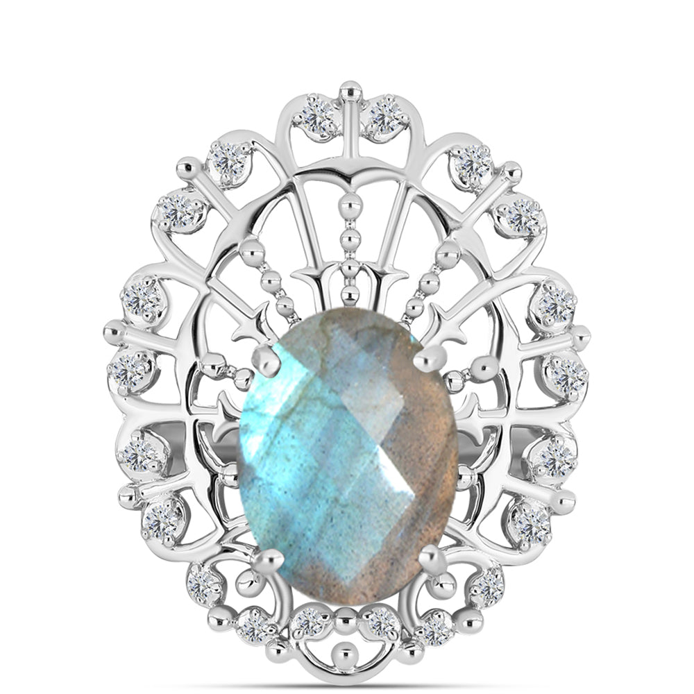 Anillo de Plata con Labradorita de las Minas de Gullgruvene y Topacio Blanco