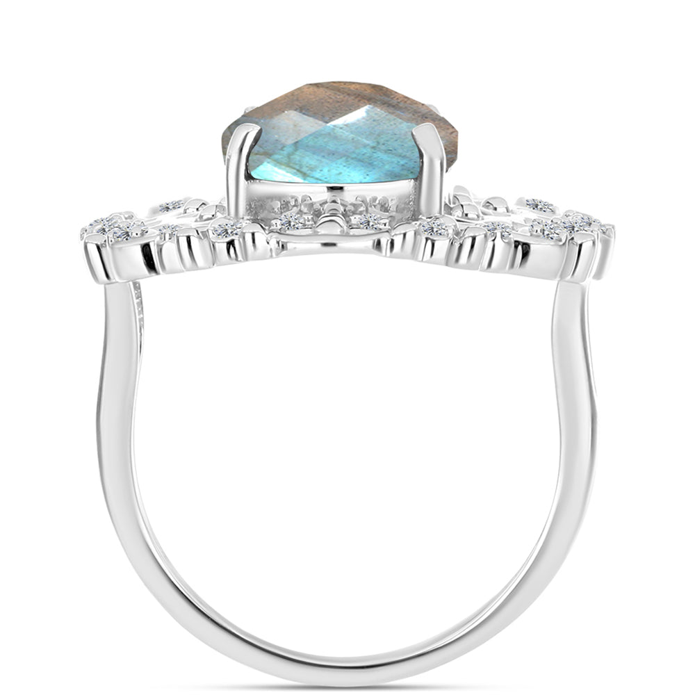 Anillo de Plata con Labradorita de las Minas de Gullgruvene y Topacio Blanco