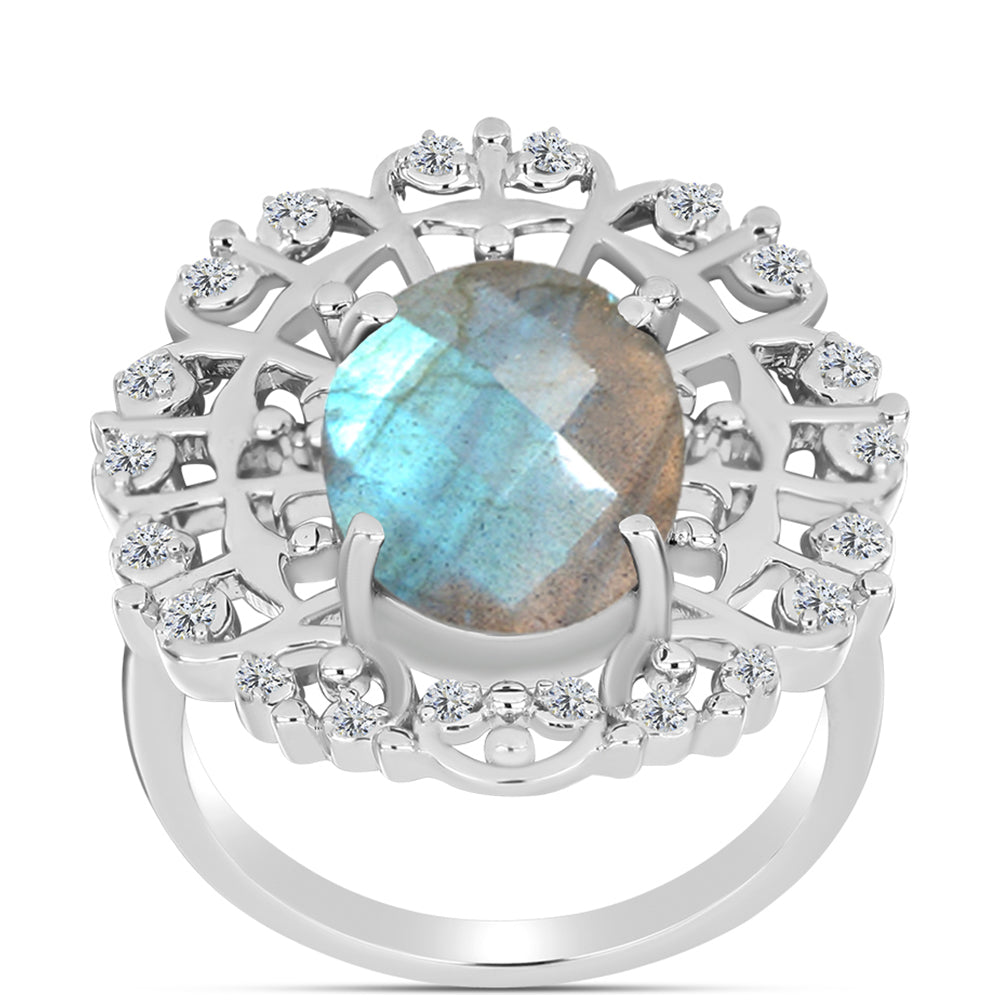 Anillo de Plata con Labradorita de las Minas de Gullgruvene y Topacio Blanco