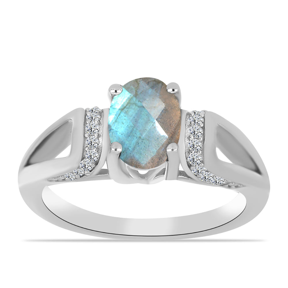 Anillo de Plata con Labradorita de las Minas de Gullgruvene y Topacio Blanco