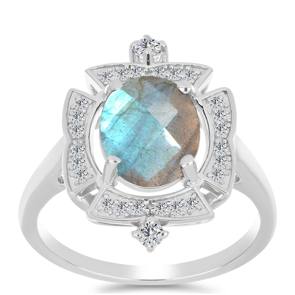 Anillo de Plata con Labradorita de las Minas de Gullgruvene y Topacio Blanco