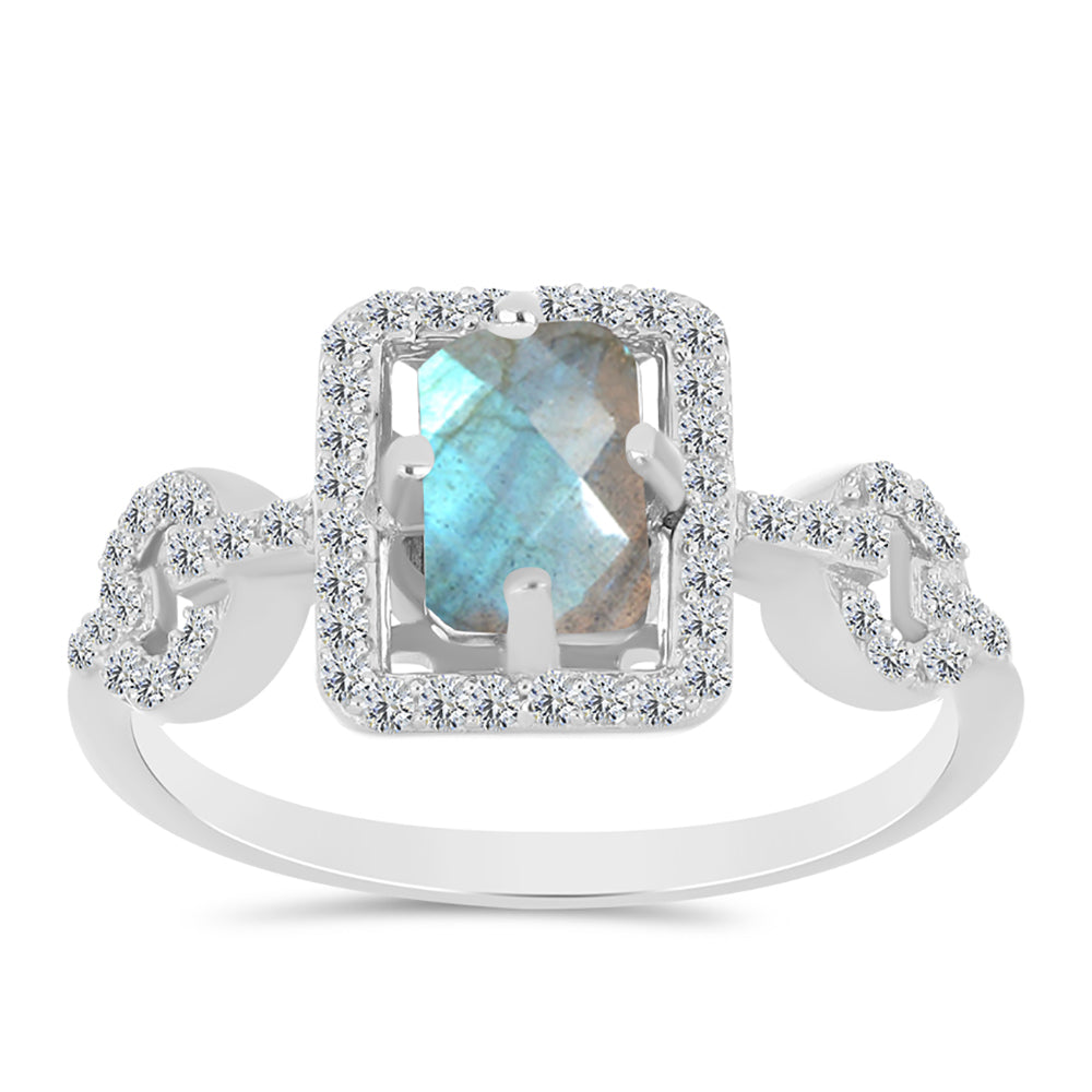 Anillo de Plata con Labradorita de las Minas de Gullgruvene y Topacio Blanco