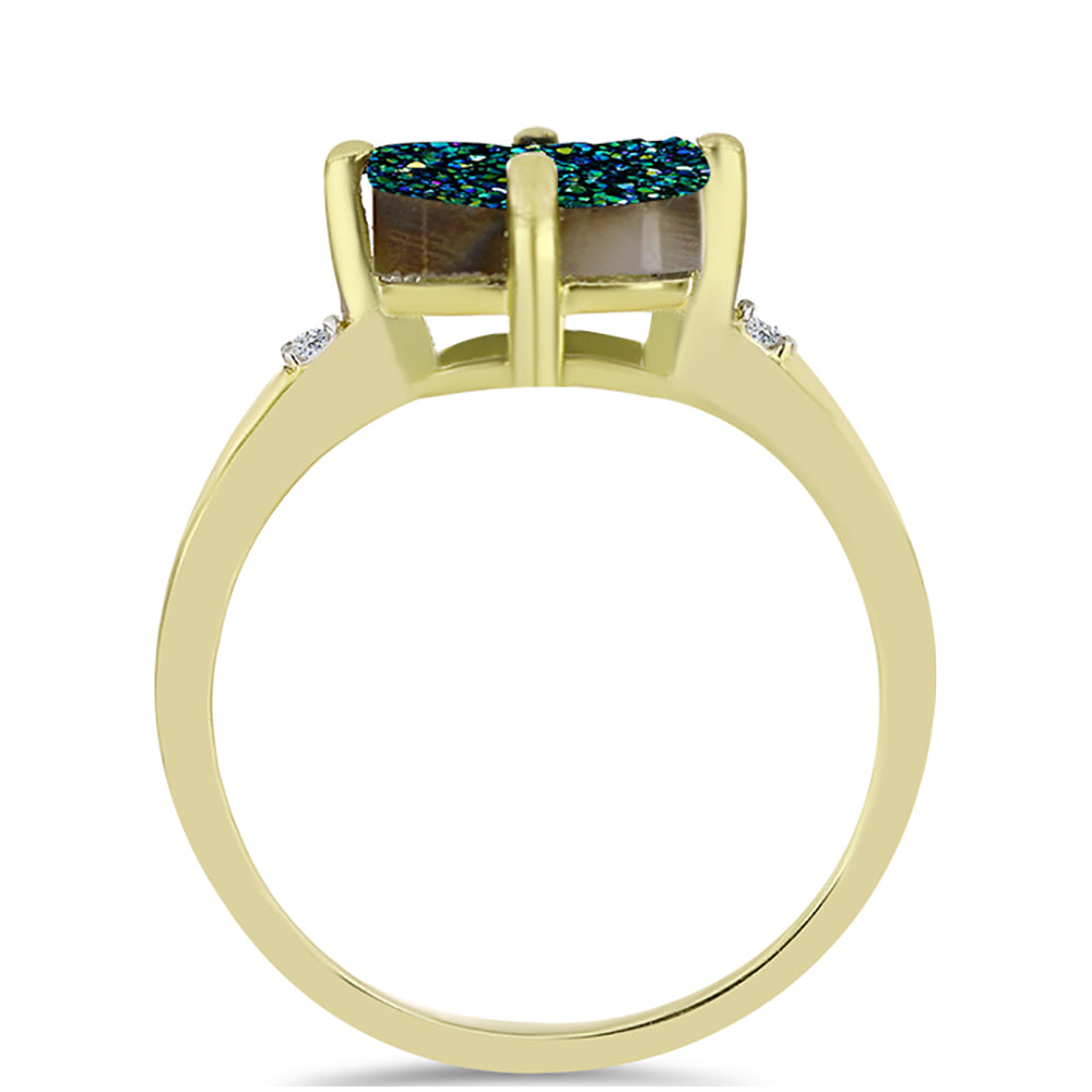 Anillo de Plata Bañada en Oro con Drusa Verde y Topacio Blanco