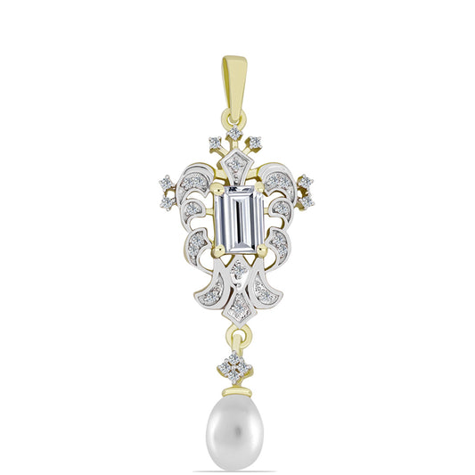 Colgante de Plata Bañada en Oro con Perla de Agua Dulce y Topacio Blanco