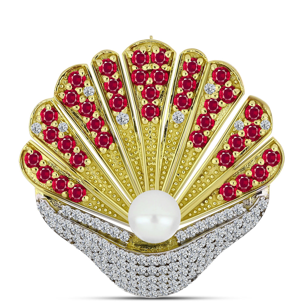 Broche de Plata Bañada en Oro con Rubí de Madagascar y Perla de Agua Dulce