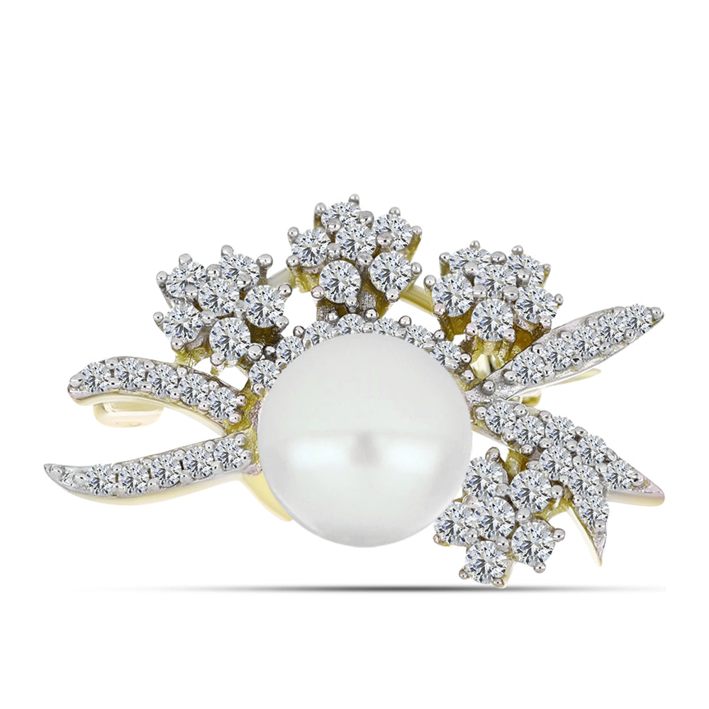 Broche de Plata Bañada en Oro con Perla de Agua Dulce y Topacio Blanco 1 