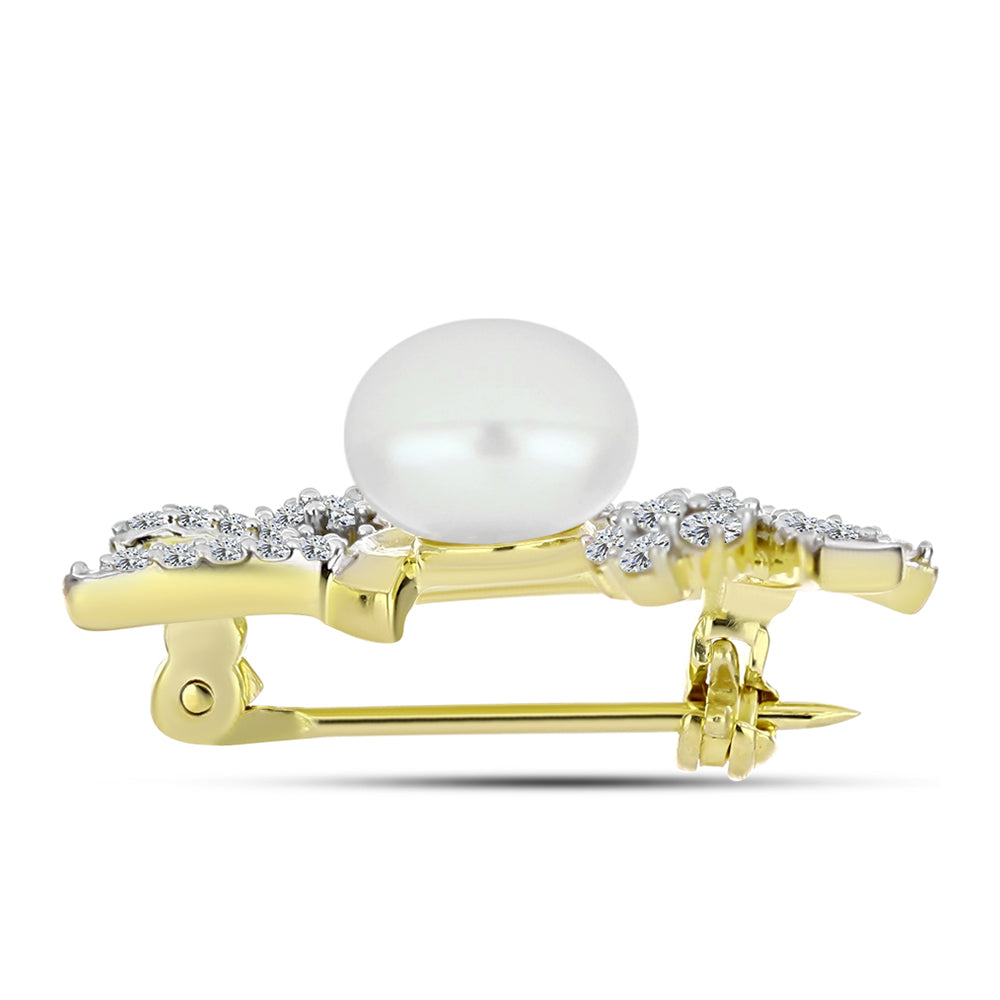 Broche de Plata Bañada en Oro con Perla de Agua Dulce y Topacio Blanco 2 