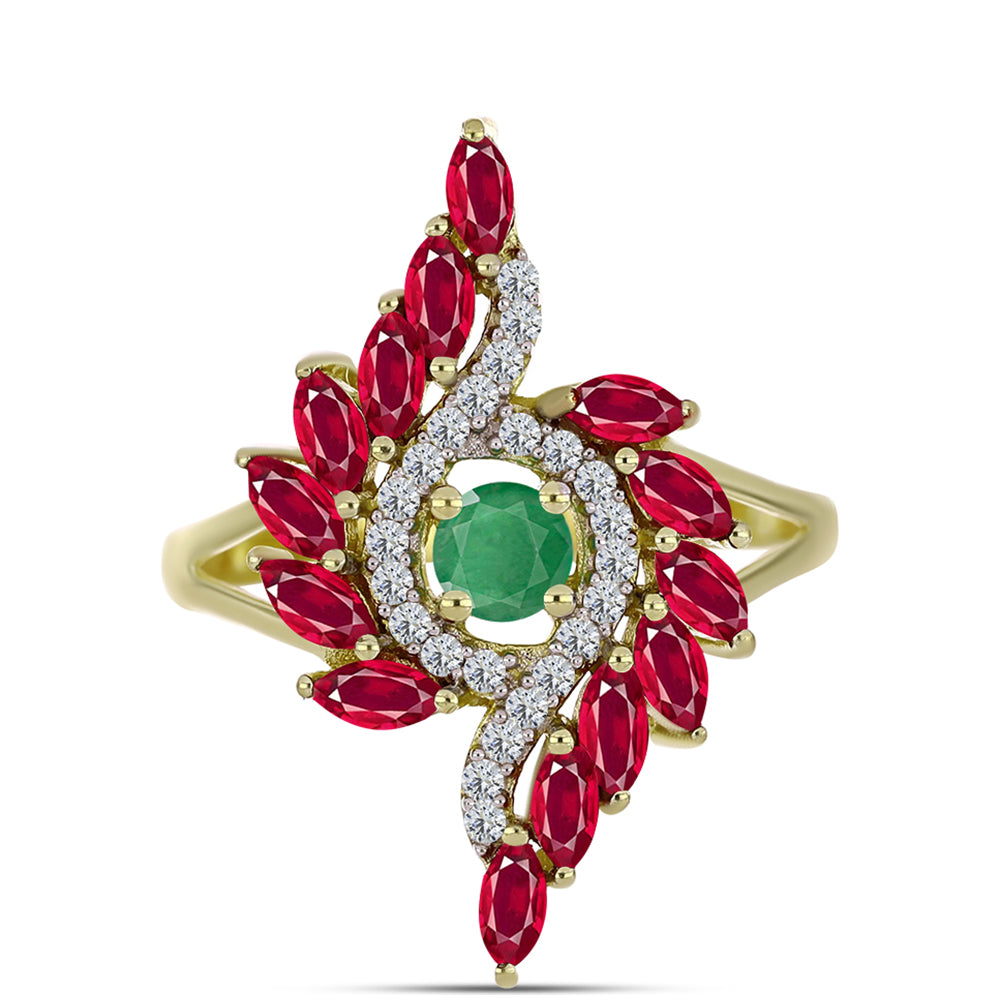 Anillo de Plata Bañada en Oro con Esmeralda de Brasil y Rubí de Madagascar 1 