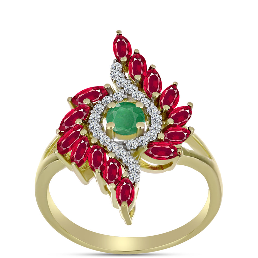 Anillo de Plata Bañada en Oro con Esmeralda de Brasil y Rubí de Madagascar 3 