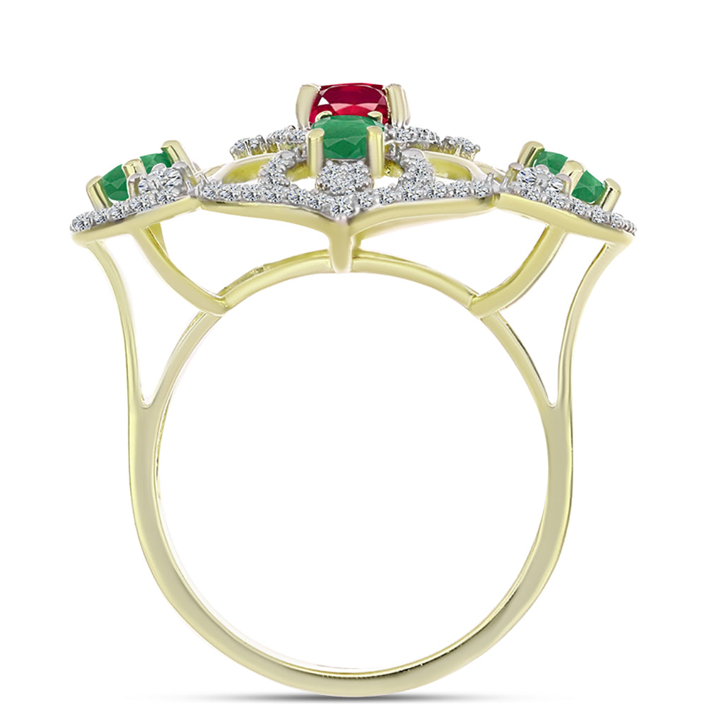 Anillo de Plata Bañada en Oro con Esmeralda de Brasil y Rubí de Madagascar 2 