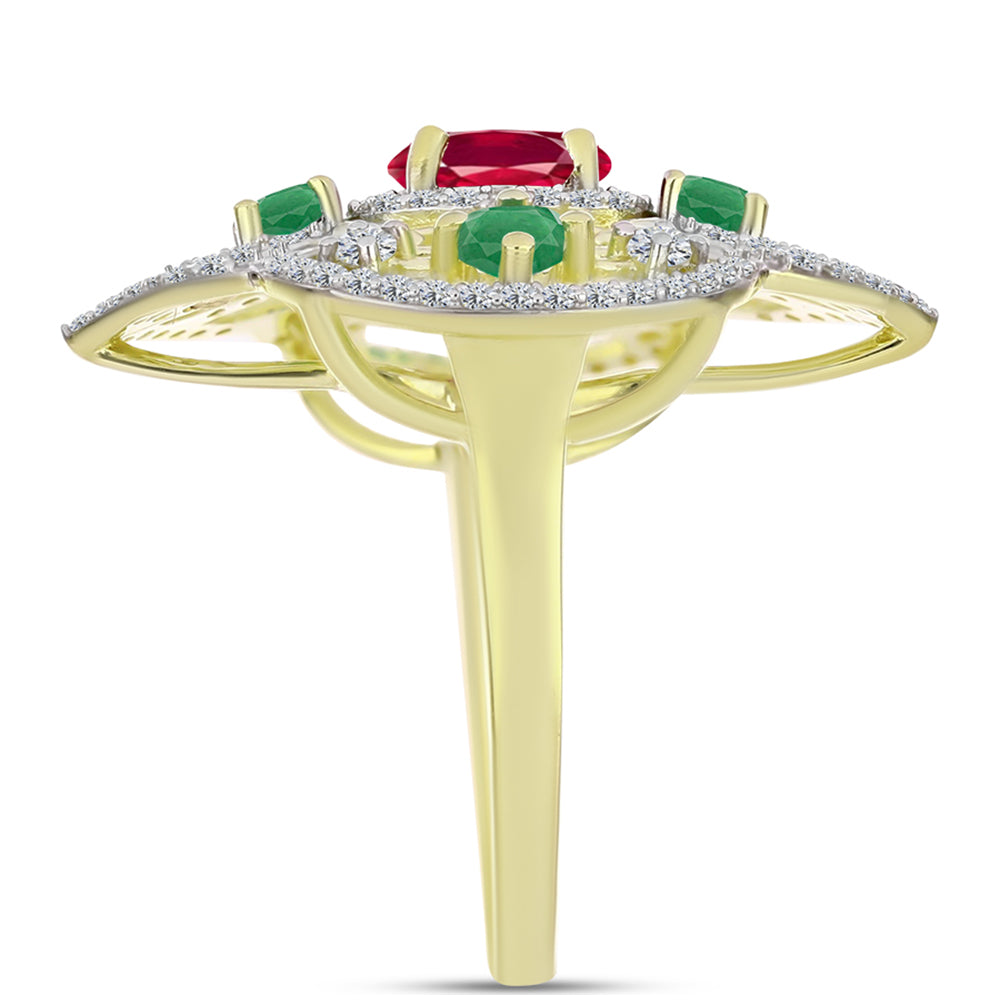 Anillo de Plata Bañada en Oro con Esmeralda de Brasil y Rubí de Madagascar