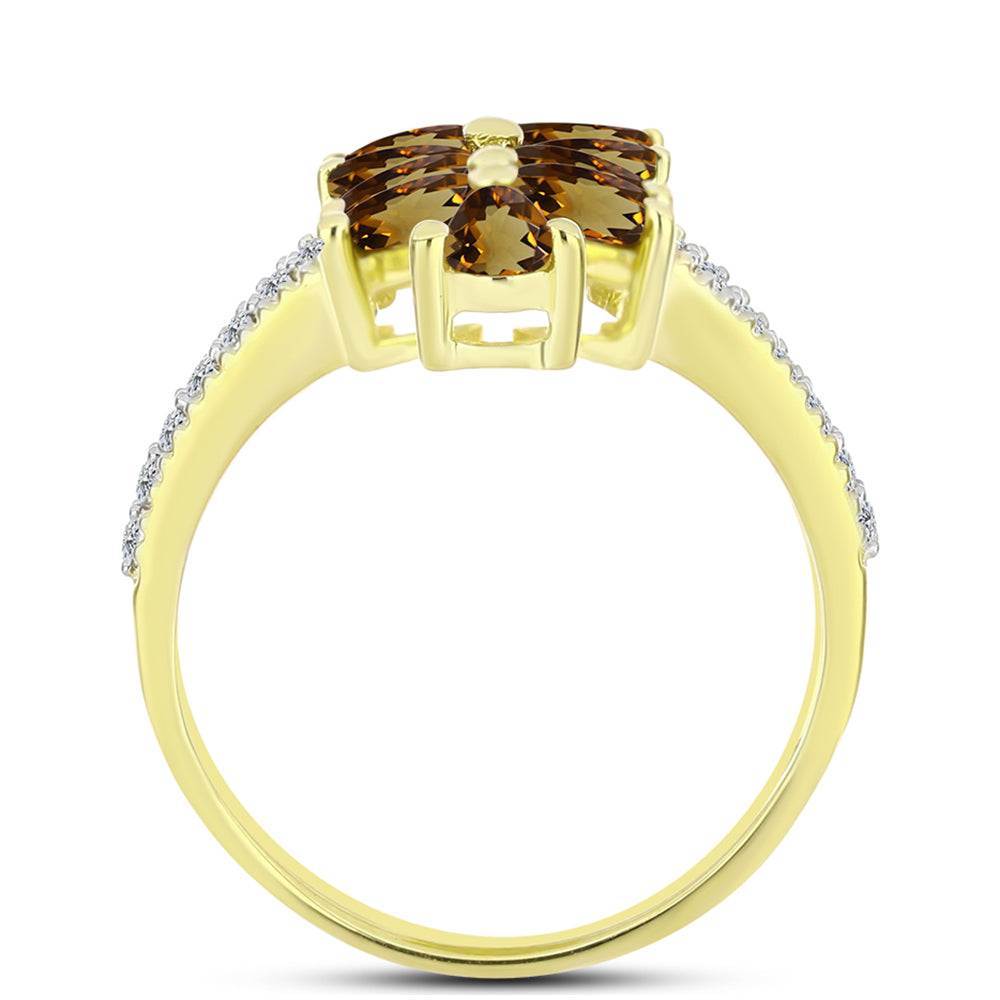 Anillo de Plata Bañada en Oro con Cuarzo Coñac y Topacio Blanco 2 