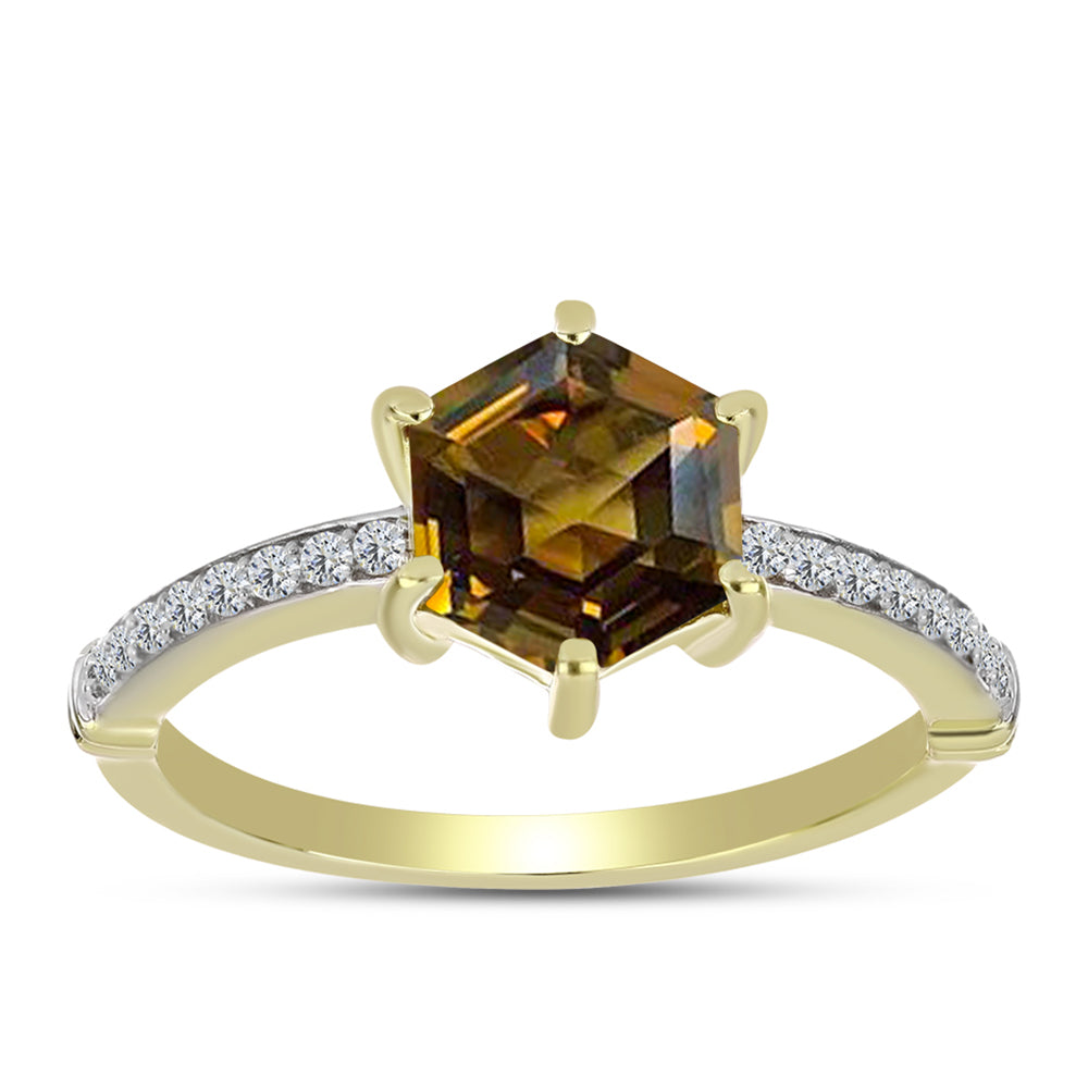 Anillo de Plata Bañada en Oro con Cuarzo Coñac y Topacio Blanco