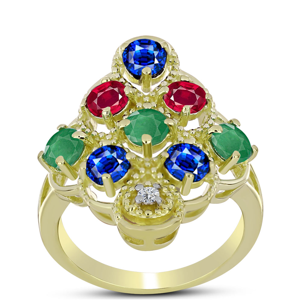 Anillo de Plata Bañada en Oro con Esmeralda de Brasil y Zafiro Azul Australiano 3 